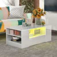 Merax Table basse LED Blanc brillant Table d'appoint de salon avec 4 étagères et 2 tiroirs, table d'appoint avec télécommande
