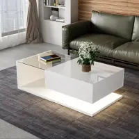 MODFU Table Basse 105x55x32,5 cm - 1 Tiroir avec Éclairage LED - Blanc