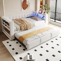 Flieks Canapé-lit Fliek 90 x 190 cm/180 x 190 cm avec prise électrique, lit rembourré simple avec cuir et lit gigogne, lit de jour avec étagère, flanelle, beige