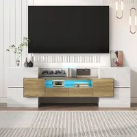OKWISH Meuble TV / buffet / vitrine / lowboard avec rangement et LED, design moderne, plateau en verre 145 cm – blanc + doré