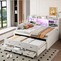 Merax Lit de jour 140x200cm avec lit gigogne, canapé-lit avec LED, 3 tiroirs, étagère, USB+Type-C, Daybett, lit en bois massif, blanc