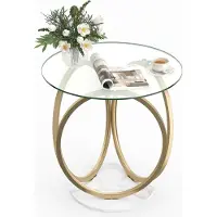 Costway Table ronde en verre , table basse avec piètement géométrique en métal doré, table de salon ronde, table basse, 60 x 60 x 61,5 cm