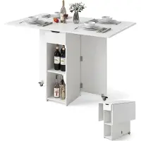 Costway Table à manger pliante, table de cuisine avec roulettes, tiroir et 2 tablettes, table pliante pour 2 à 4 personnes, table de salle à manger 120 x 72 x 75 cm, blanche