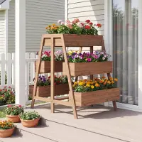 Costway jardinière verticale à 3 étages, jardinière à 6 bacs, fond à lattes et insert, escalier à fleurs, jardinière en bois, bac à fleurs marron, 126 x 90 x 115 cm