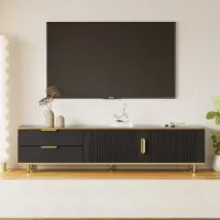 Merax Buffet bas avec portes et tiroirs, meuble TV avec pieds métalliques, meuble TV avec accents dorés, pieds métalliques & espace de rangement, table TV L:175cm, noir