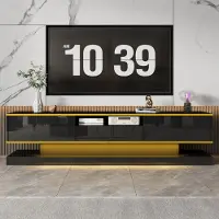 Merax Meuble TV avec 3 tiroirs et compartiment ouvert, meuble bas de salon avec éclairage LED, façade brillante, 180 x 38 x 45 cm,Noir