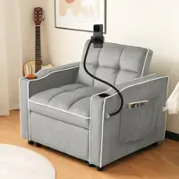 OKWISH Fauteuil Convertible - Avec Porte-Gobelets Support Téléphone et Rangement Latéral 1 Place Tissu Velours Gris clair