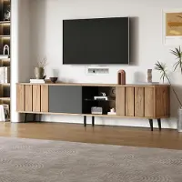 OKWISH Meuble TV Moderne - 3 Compartiments avec Portes en Verre Trempé, Design Simple, Pour TV Jusqu'à 75 Pouces - Blanc et Bois, 175x31,5x45 cm