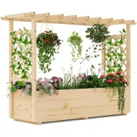 Costway Bac à plantes surélevé avec treillis, toit suspendu & trous de drainage, bac à fleurs pour plantes grimpantes, bac à plantes en bois 150x50x104cm