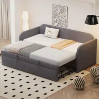 Sweiko Lit rembourré Canapé-lit extensible 90/180x190 cm, avec bandes verticales, avec sommier à lattes, lit multifonctionnel, tissu en lin confortable et respirant, gris (matelas non inclus)