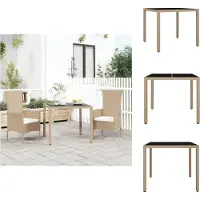 vidaXL Table de jardin avec plateau en verre Beige Poly Rotin & verre trempé - Tables de jardin