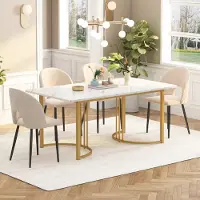 MODFU Table À Manger Rectangulaire, Design Élégant Avec Plateau MDF Marbré Et Pieds Dorés Réglables, 140 x 80 x 75 cm - Blanc