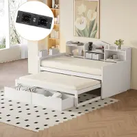 OKWISH Lit Gigogne 90x190 cm, Lit Ado avec 2 Tiroirs de Rangement et Port USB Intégré, Bois, Blanc, Sans Matelas