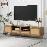 MODFU Banc TV 200 cm avec Portes et Tiroirs - Meuble Bas en Rotin Naturel, Pieds en Bois Massif - Style Moderne pour Salon - Naturel