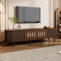 Merax Meuble TV au design rotin, support TV avec 2 portes à rideaux et 2 tiroirs, meuble TV bas avec 5 zones de rangement fermées, noyer