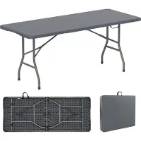 Costway Table de jardin pour 6-8 personnes 180x74cm, Table de camping pliante, Table pliante avec plateau HDPE & poignée de transport, Table de balcon, Table de fête Gris