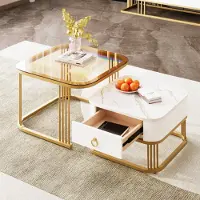 Merax Ensemble table basse aspect marbre avec tiroir table d'appoint haute brillance, table de salon avec plateau en verre, or