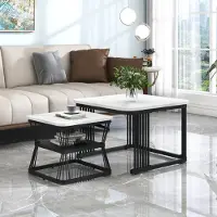 Merax Lot de 2 tables basses avec motif en marbre et cadre métallique, Table d'appoint, 65x45cm+45x39.5cm, noir/blanc