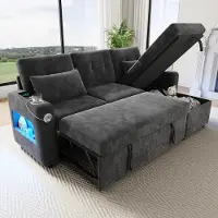 Merax Canapé d'angle Canapé-lit avec fonction couchage, canapé en L avec espace de rangement, chaise longue simple, porte-boissons, éclairage USB/LED, canapé-lit, gris