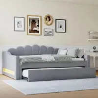 Merax Lit de jour Canapé-lit 140x200 avec lit gigogne 190x90cm, LED, Dossier en forme de coque, Lit d'enfant, Lit rembourré, Lit de jour en velours, Gris