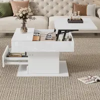 MODFU Table Basse Géométrique - Relevable avec Tiroir et Compartiment Caché, Plateau Rotatif et Construction Robuste pour Salon ou Bureau - Blanc 70x70x45 cm