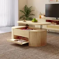 OKWISH Table Basse Relevable avec Étagère Extensible, Design Incurvé pour Salon, Table Basse Multifonction en MDF - 110x55,5x40 cm - Naturel