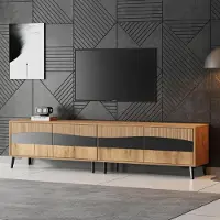 Merax Armoire TV 180×40×50 cm avec 4 armoires et 8 pieds, TV Lowboard pour téléviseur jusqu'à 75 pouces, TV Board en couleur bois + noir, design moderne, facile d'entretien