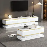 Sweiko Ensemble moderne de support TV et table basse blanc brillant, console TV à 3 tiroirs, table basse à 2 tiroirs, garniture dorée, pour le salon, tables TV et table basse