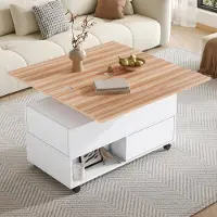 MODFU Table Basse Relevable avec Rangement et 4 Tiroirs, Table à Roulettes, Design Moderne, Blanc et Bois Clair - 100x50x52 cm