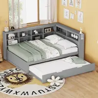 Merax Canapé-lit 140x200cm avec lit gigogne 90x190cm, lit de jour avec USB et compartiment de rangement, lit d'enfant avec sommier à lattes, lit double Daybett lit d'adolescent, gris