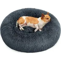 Feandrea lit moelleux pour chien, panier pour chat, coussin beignet, lavable, rembourrage central amovible, peluche longue, 60 cm de diamètre, gris foncé