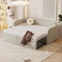 Merax Lit de jour 90x190cm/180x190cm Lit gigogne, Canapé-lit extensible avec sommier à lattes et accoudoirs, Lit rembourré en lin Lit d'enfant Canapé-lit, Beige