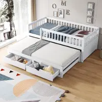 OKWISH Canapé-lit 90 x 200 cm avec barrière de sécurité, lit gigogne avec 2 tiroirs, sommier inclus – blanc (sans matelas)
