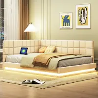 OKWISH Lit rembourré 140×200 avec LED et prise USB,lit de jour avec sommier à lattes,tissu en velours, canapé-lit en beige,sans matelas