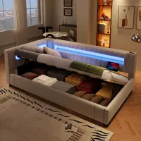 Merax Lit de jour Daybett 90x200 cm, rangement hydraulique, barre lumineuse LED avec télécommande, tête de lit avec USB & Type-C, canapé-lit, Daybett, Beige