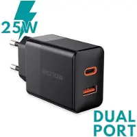 Echos 25W Dualport USB-C + USB-A Chargeur rapide | QC3.0, PD et PPS | Très large compatibilité | Compatible avec Apple iPhone 12/13/14, Samsung Galaxy S20/21/22, Google Pixel, et bien d'autres. | noir