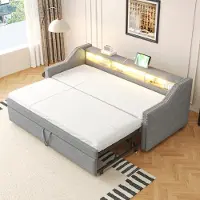 Flieks Lit rembourré Canapé-lit 90x190cm/180x190cm, Lit de jour Daybed avec lit inférieur, Lit canapé en bois avec USB et LED, Lit fonctionnel lin, Gris clair