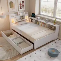 OKWISH Lit Simple 90x200 cm - Avec Rangement, Tiroirs Sous le Lit et Lumière LED Intégrée, MDF Blanc - Sans Matelas
