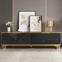 Merax Armoire TV 4 portes en MDF, Buffet TV avec façade géométrique 3D, support TV avec espace de rangement et gestion des câbles, noir + or