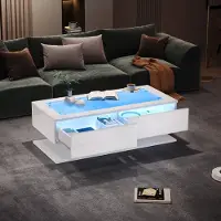 Kein Hersteller Table basse, 100x50x35, finition haute brillance, table d'appoint, tiroirs, éclairage LED, plateau en verre