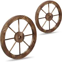 Relaxdays Roue de charrette en bois, lot de 2, décoration pour jardin, terrasse, véranda, roue à rayons rustique, saloon, western, marron
