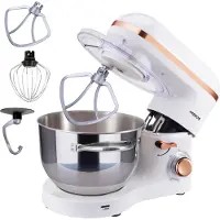 Arebos Robot de cuisine 1500 W | 6 L inox | Batteur, crochet pétrisseur & fouet, blanc