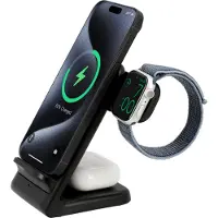 Cazy Support de charge sans fil 3 en 1, USB-C, lumière LED, charge rapide, convient aux appareils Qi, socle de charge, Noir