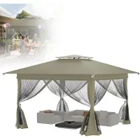 LZQ Kiosque de jardin 3 x 3 m Kiosque pliable « pop-up » avec double toit, 4 moustiquaires, protection UV, hauteur réglable, armature robuste, toile Oxford, couleur kaki