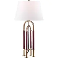 Casa Padrino Lampe de table de luxe laiton antique / brun / blanc Ø 40,6 x H. 73,7 cm - Lampe en métal noble avec abat-jour en cuir et lin de haute qualité - Qualité de luxe