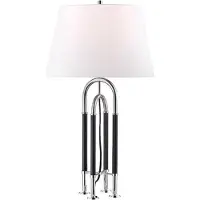 Casa Padrino Lampe de table de luxe Argent / Noir / Blanc Ø 40,6 x H. 73,7 cm - Lampe en métal noble avec abat-jour en cuir et lin de haute qualité - Qualité de luxe