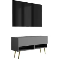 3Xeliving Buffet TV 100 cm anthracite, pieds obliques dorés, 100 × 32 × 52 cm