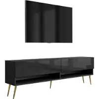 3Xeliving Buffet TV 170 cm noir mat / noir brillant, pieds inclinés dorés, 170 × 32 × 52 cm