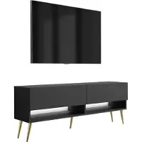 3Xeliving Meuble TV bas de 140 cm, finition noire mate, pieds inclinés dorés, éclairage LED blanc