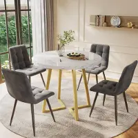 UnboxG Set Salle à Manger (5p) : Table Ronde Cuisine (80cm Ø, MDF Blanc, Pieds Métal Or) + 4 Chaises Velours Gris Foncé